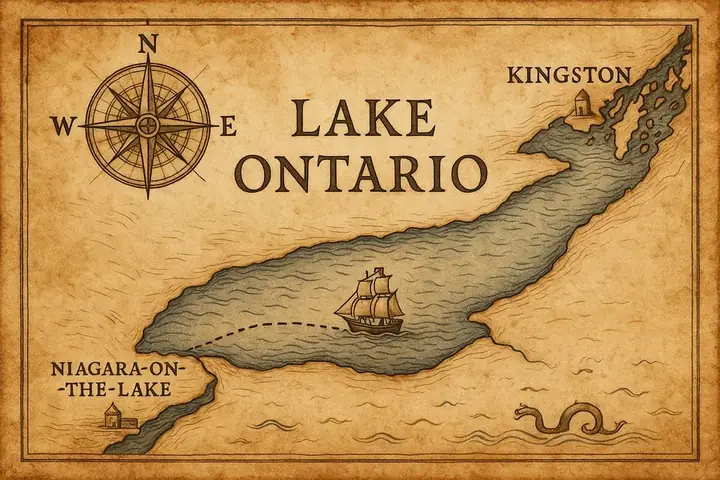An illustrated nautical map of Lake Ontario showing the sailing route between Niagara-on-the-Lake and Kingston